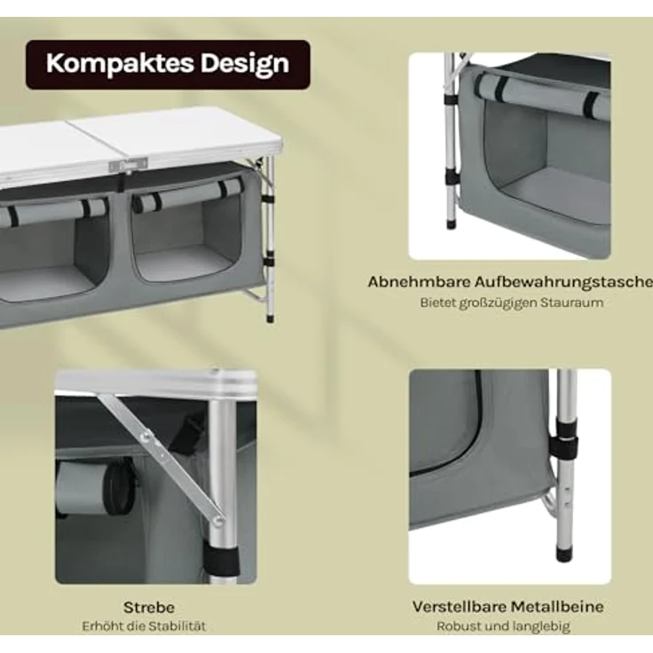 WOLTU faltbar Campingschrank Alu Campingtisch Höhenverstellbar mit Stauraum, Outdoor Campingmöbel Klapptisch Gartentisch für Picknick Strand im Freien, Weiß+Grau – Bild 6