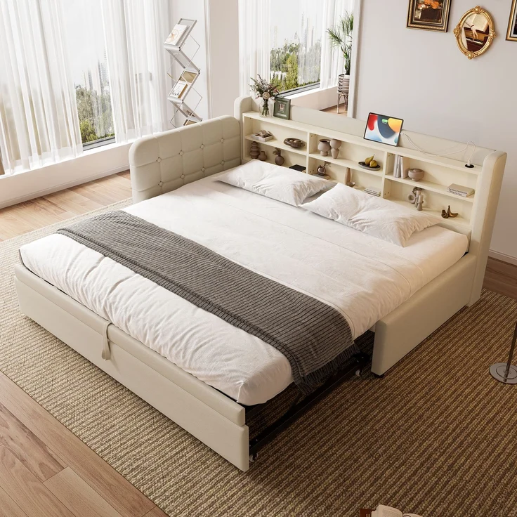 Daybett 90x200 cm mit Ausziehbett, Schlafsofa mit USB & Typ-C Ladeanschluss, multifunktionales, Leinenstoff Beige – Bild 4