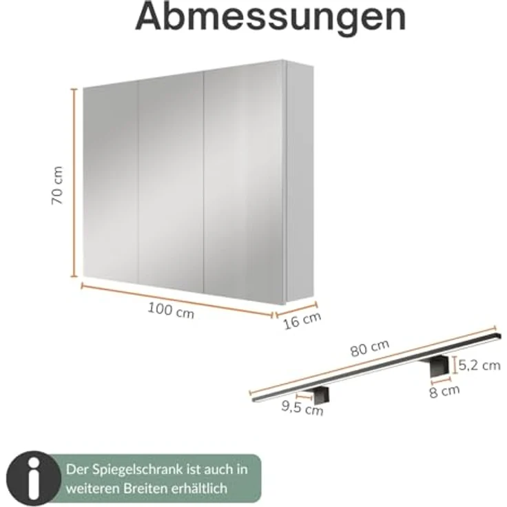 Planetmöbel ARIA Spiegelschrank Bad mit Beleuchtung 100 cm breit | Badschrank hängend mit Spiegel | Weiß Grau, mit Leuchte und Steckdose, Spiegelschrank Gäste WC 100 x 70 x 16 cm – Bild 4
