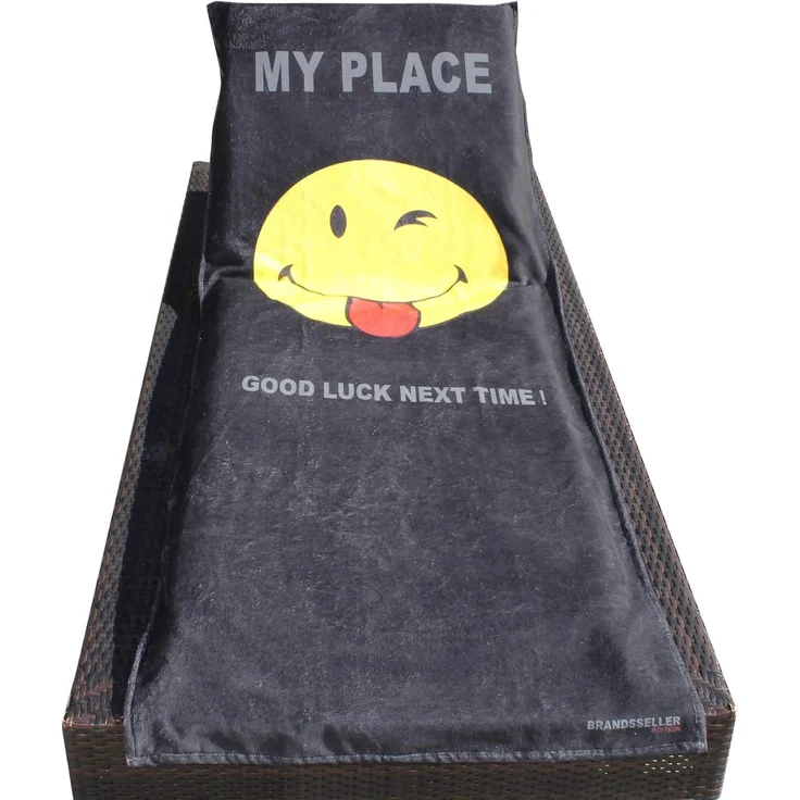 Brandsseller Schonbezug für Gartenliege, Strandliegenauflage, Frottee Schonbezug, 55% Baumwolle 45% Polyester - ca. 75x200 cm (Smiley Schwarz - Good Luck) – Bild 2