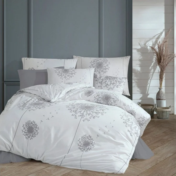 Buymax Bettwäsche Willow, Renforcé: 100% Baumwolle, 4 teilig, 155x220 cm, Bettbezug-Set mit Reißverschluss Blumen Blätter, Weiß Grau – Bild 2