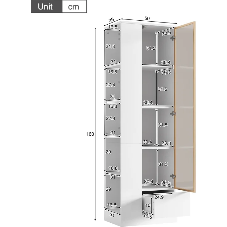 Vitrine 50 x 35 x 160 cm aus Spanplatte und Glas, Weiß Hochglanz, mit LED-Beleuchtung – Bild 5