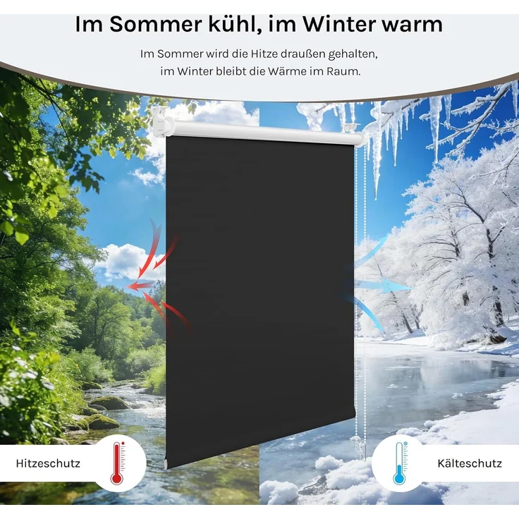 WOLTU Verdunkelungsrollo ohne Bohren, Thermo Verdunkelungsrollo mit Kette, Sichtschutz, für Türen und Fenster, Schwarz，B120 x H130 cm – Bild 4