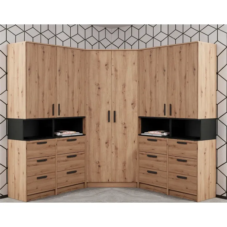 Marmex Möbel Grant Set-41A Eckschrank Möbelset – Kleiderschrank für Schlafzimmer, laminierte Spanplatte, artisan Eiche + schwarz, 195/195x195x40 cm