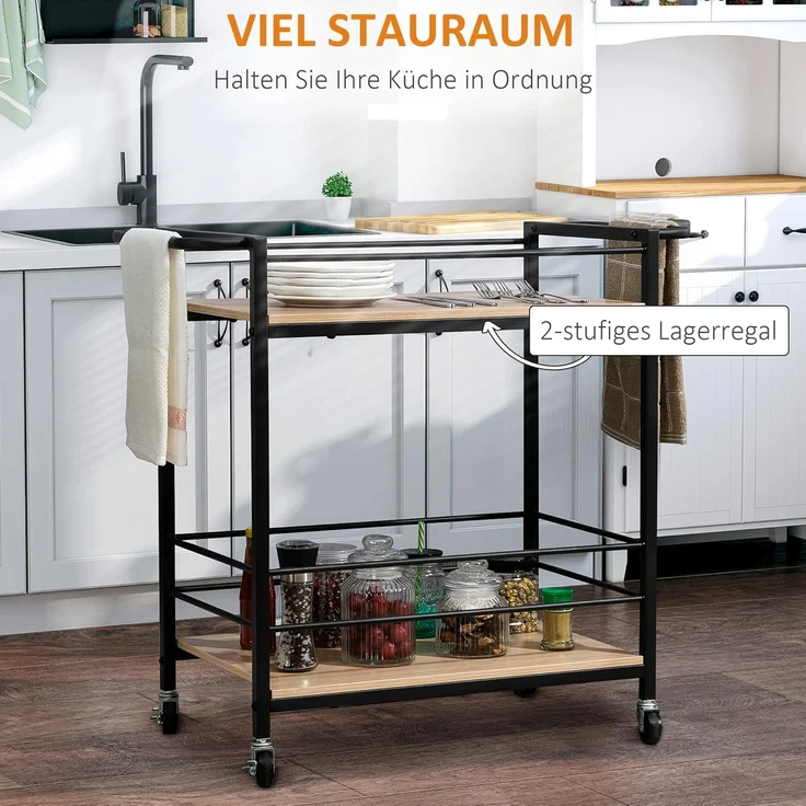 HOMCOM Servierwagen Küchenwagen mit 2 Ablagen, 4 Rollen, (Küchenrollwagen, 1 St, Rollwagen), Naturholz Stahl, 82 x 40 x 75cm – Bild 3