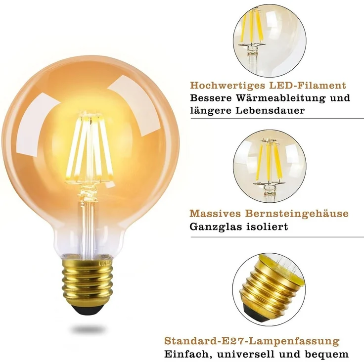 Nettlife LED-Leuchtmittel 2Stück /6 Stück Glühbirne Vintage E27 Lampe G80 Warmweiss Filament, E27, 6 St, Warmweiß, für Hotel Haus Café Bar – Bild 2