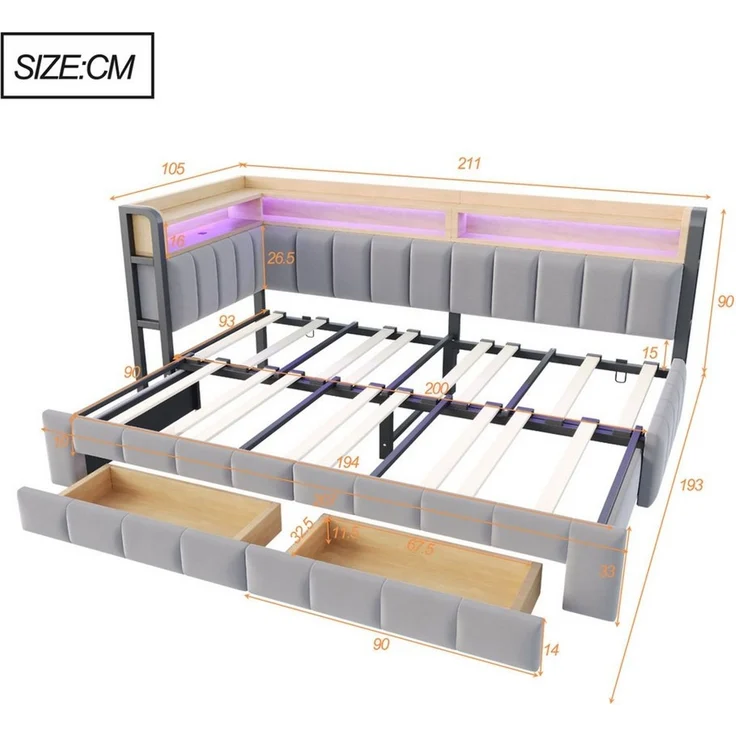 Celya Polsterbett Schlafsofa 90/180 × 200 cm Mit Ausziehbarem Bettteil und Schubladen (ohne Matratze, Mit LED-Beleuchtung, USB- und Typ-C-Anschlüssen), Mit Ablage und Staufächern, Samtstoff – Bild 2