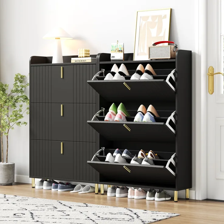 Schuhschrank Set 2-teilig 160x23x123,5 cm mattschwarz gold Metallfüße 3 Türen verstellbare Böden