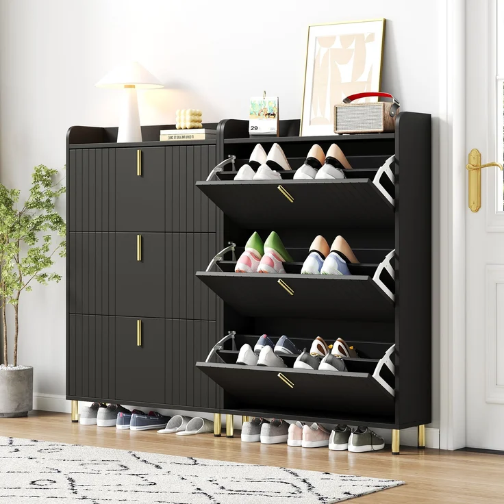 Schuhschrank Set 2-teilig 160x23x123,5 cm mattschwarz gold Metallfüße 3 Türen verstellbare Böden – Bild 1