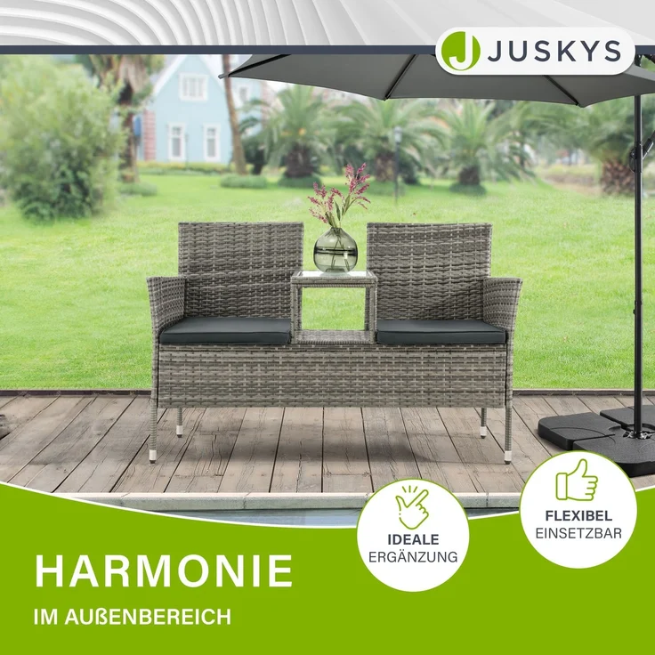 Juskys 'Monaco' 2-Sitzer Gartenbank mit Tisch und Kissen, Polyrattan grau, 133 × 63 × 84 cm – Bild 7