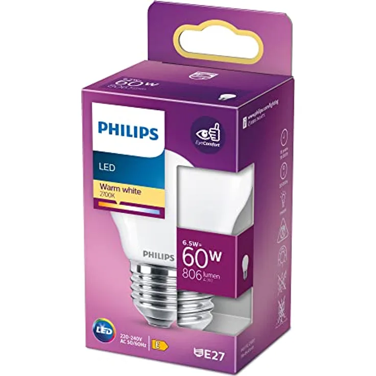 Philips LED Lampe Lüsterkolben E27, warmweiß 2700K, 806 lm, 6,5 W entspricht 60 W