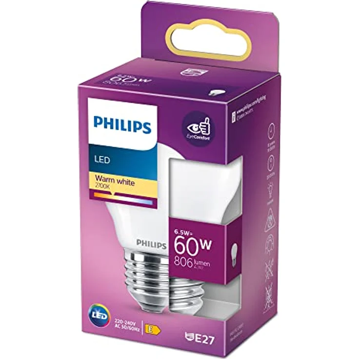 Philips LED Lampe Lüsterkolben E27, warmweiß 2700K, 806 lm, 6,5 W entspricht 60 W – Bild 1