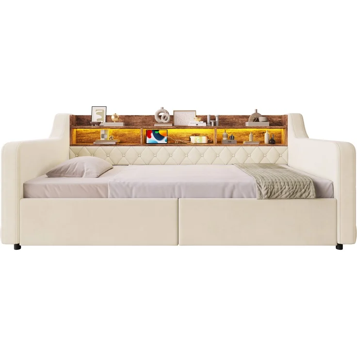 Polsterbett 90x190 cm in Beige mit LED, Ablagefläche und 2 Schubladen – Ohne Matratze – Bild 3