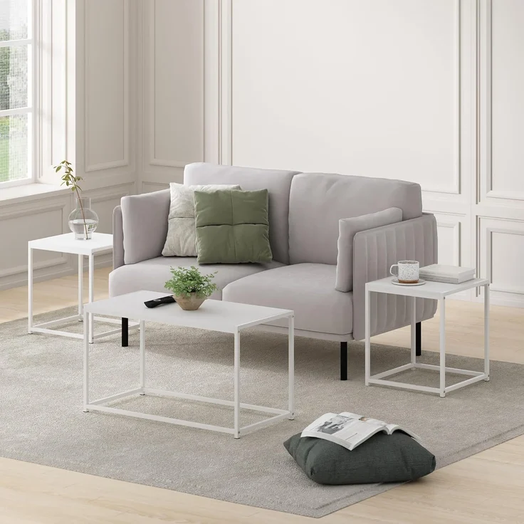 Furinno CAMNUS Wohnzimmer-Tischset, 3-teilig, Couchtisch mit 2 Beistelltischen, Seitentische, für Wohnzimmer, Weiß – Bild 2