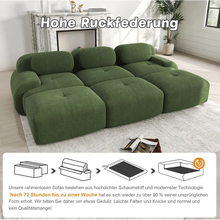 DESVIAE Sofa modular rahmenlos aus Cord Grün mit 32D-Hochdichteschaum, 298 x 178 x 70 cm – Bild 4