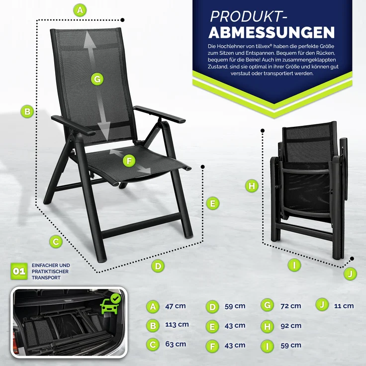 tillvex Gartenstuhl Premium 6 Stück Schwarz klappbar aus Aluminium | Hochlehner mit Armlehnen | Klappstuhl verstellbar | Klappsessel Balkon Garten Terrasse – Bild 3