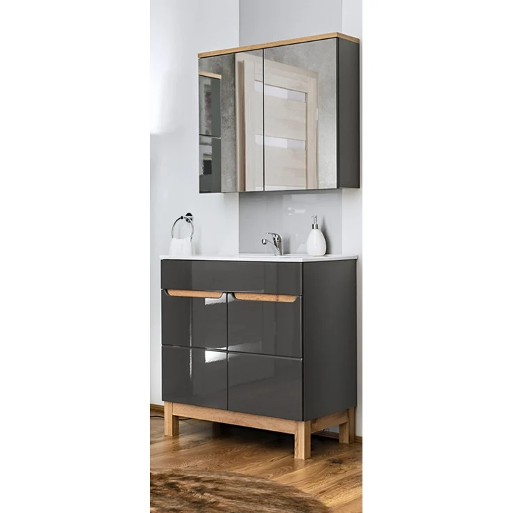 Waschplatz Set 2-teilig mit Keramik Waschtisch 60 cm SOLNA-56 Hochglanz grau & Spiegelschrank BxHxT ca.: 60 x 200 x 45 cm – Bild 1