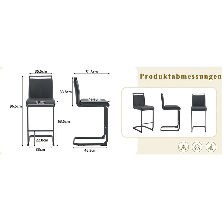 Zweier-Set Barhocker im nordischen Stil (2 Stück).Hergestellt aus hochwertigem schwarzem Kunstleder mit schwarzen Metallbeinen, Geeignet für Restaurants, Küchen u.a, Gesamthöhe: 96.5 cm.--Schwarz--39x46.5x96.5cm--YOUDENOVA – Bild 9