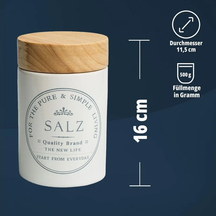KHG Vorratsdose für Salz aus Steinzeug mit Akazienholz‑Deckel – im Landhausstil, Steingut, Aufbewahrungsdose für Salz – schützt Aroma da luftdicht verschließbar – Bild 2
