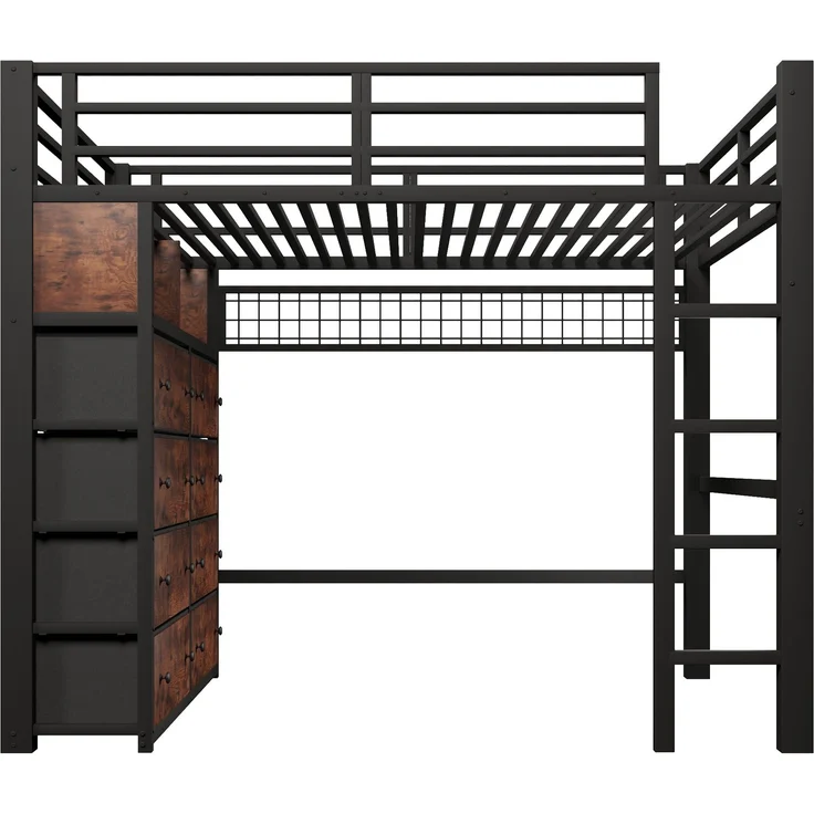 U-life Metall-Hochbett 140x200 cm mit 8 Schubladen, LED-Beleuchtung, Regalen, Lochwand und Lattenrost, Schwarz – Bild 2