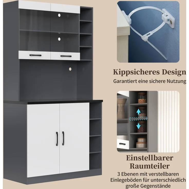 100 x 47 x 187 cm, Küchenschrank, Buffet mit LED-Ambiente-Beleuchtung und Kabellöchern, Küchen-Highboard aus Holz, großer Platz für Mikrowelle, freistehend, höhenverstellbare seitliche Ablagefächer – Bild 4
