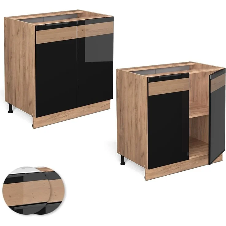 Vicco Küchenunterschrank Schwarz Eiche hochglanz 80 cm mit Regal, ohne Arbeitsplatte, Fame-Line – Bild 6