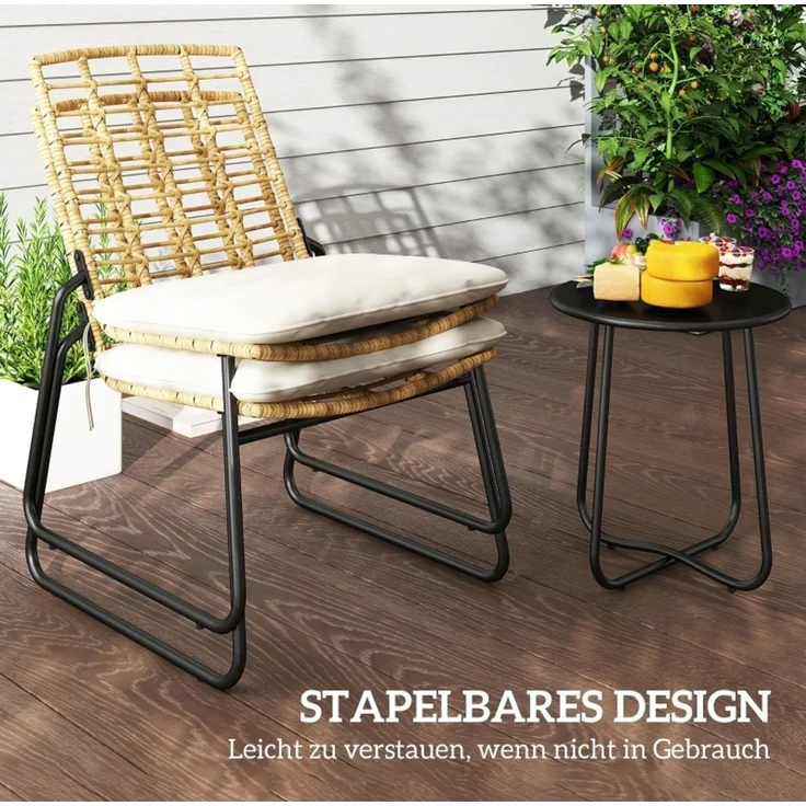 Stilvora Balkonmöbel-Set aus Rattan, 3-teilig mit stapelbaren Stühlen & Tisch, Beige, 56×67×78 – Bild 5