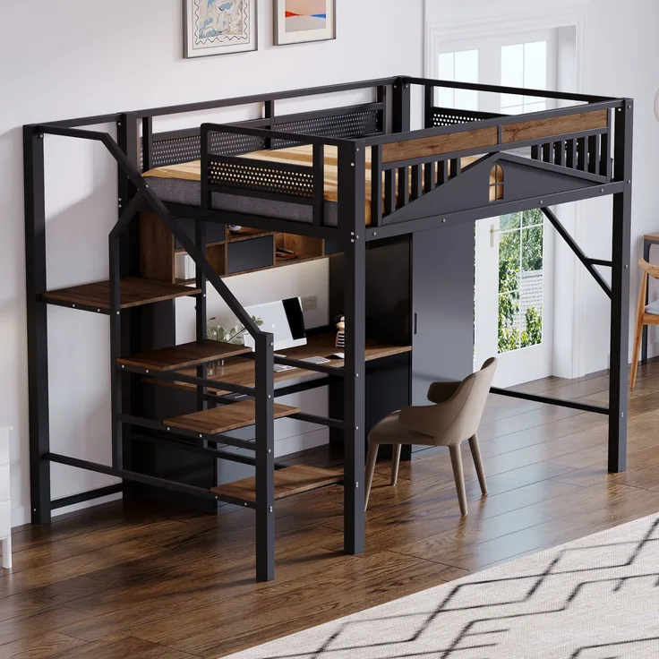 Metall-Hochbett Einzigartige Gehäuseform mit Fensterdesign Mit Sicherheitsleiter Viel Stauraum unter dem Bett Metall Schwarz 140 x 200 cm