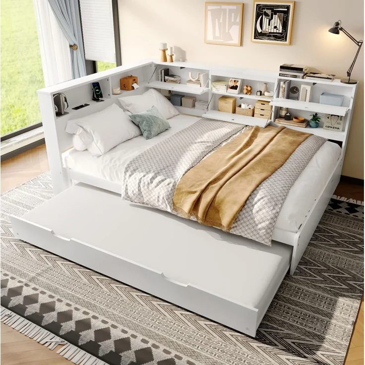 Daybett 140x200 cm mit Ausziehbett und Stauraum – Schlafsofa in Weiß aus Kiefernholz und MDF – Bild 1