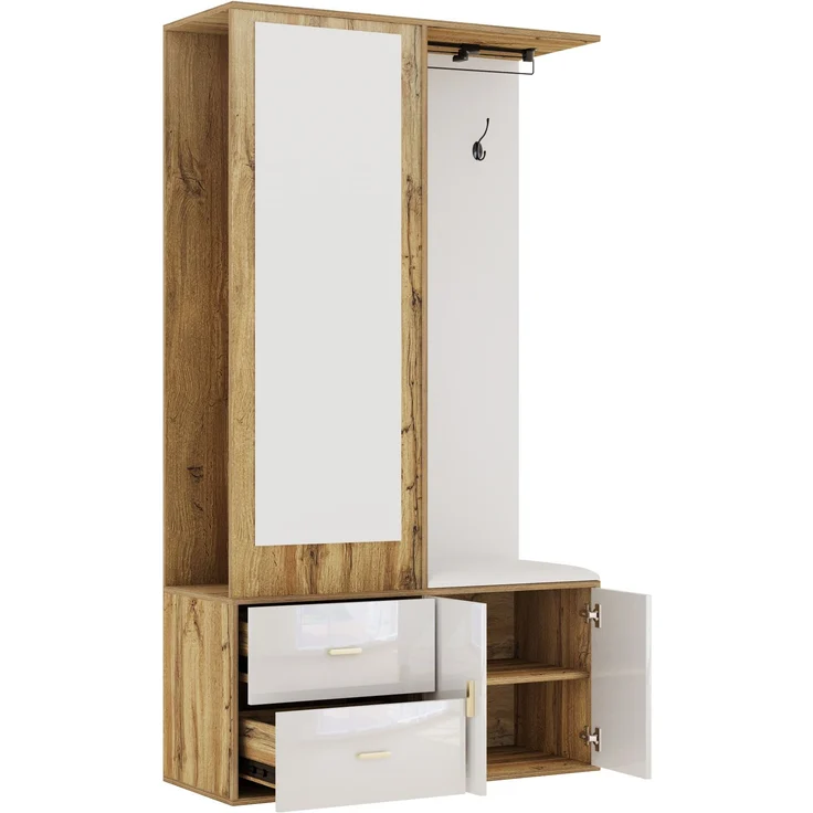 Merax Edles Garderobenset in Weiß- und Holzfarben mit Spiegel, Schuhschrank, Schuhbank mit Haken und ausziehbarer Kleiderstange – Bild 9