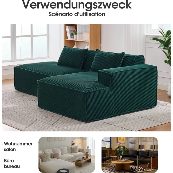 LVHOM Ecksofa 2 Sitzer, Modulares Sofa 235 cm breit, L-Form Sofa mit 2 Kissen, Schlafsofa aus Cordstoff, kein Aufbau erforderlich, Dunkelgrün – Bild 7