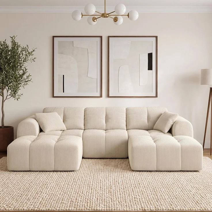 skølm 'Vanaheim' Sofa 3 Sitzer mit 2 Hocker & 2 Kissen, Cloud Sofa beige, Cord, Vollschaumcouch mit Federkern und Vakuum-Kompression, kein Aufbau erforderlich – Bild 1
