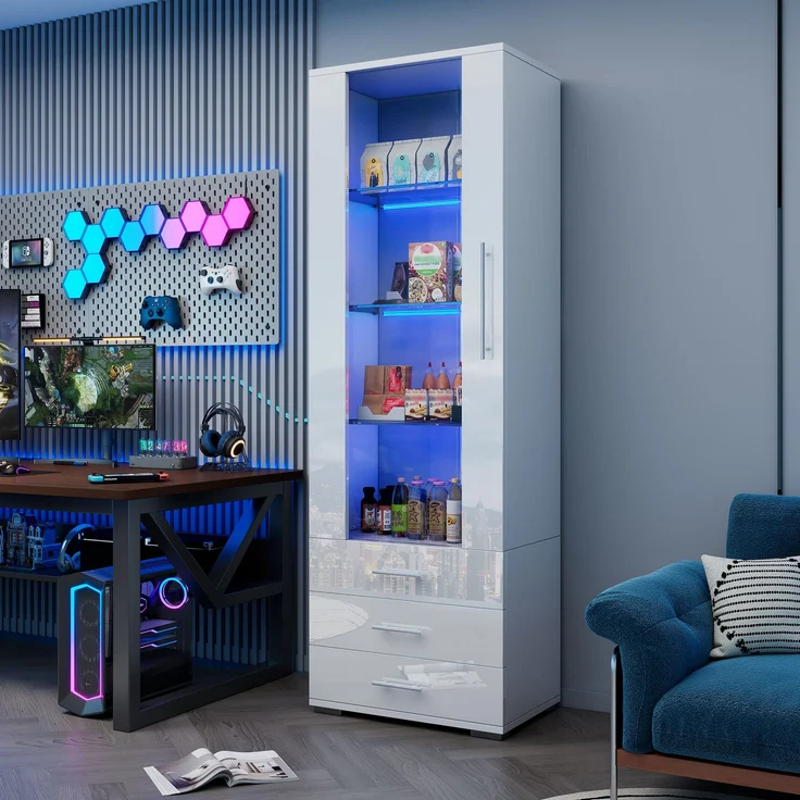 Weiße Hochglanzvitrine, Vitrine Glasvitrine , Standvitrine mit LED-Beleuchtung, Vertikale Vitrine mit 3 Schubladen, 60*35*180cm--Weiß--60x35x180cm--YOUDENOVA – Bild 5