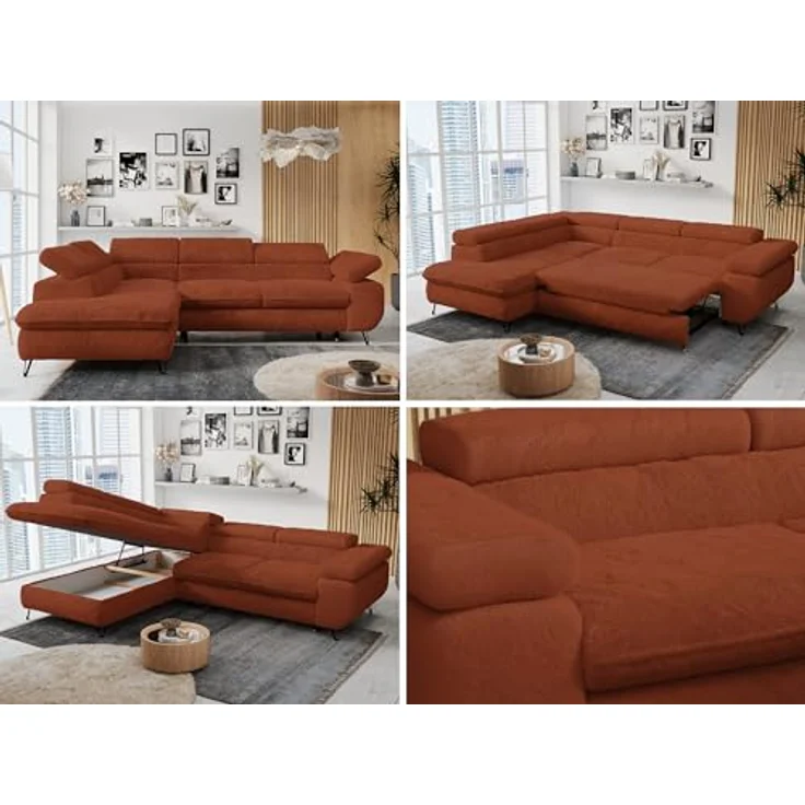 Ecksofa mit Bettfunktion, Modern Sofa, L-form, Einstellbare Kopfstützen, Bettkasten - PETER - Orange Plüsch - Topper T25 - links – Bild 2