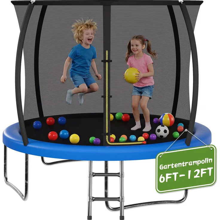 Devoko Gartentrampolin mit Sicherheitsnetz, Leiter, Randabdeckung, Stahlrahmen, Blau, Ø 290 cm – Bild 4