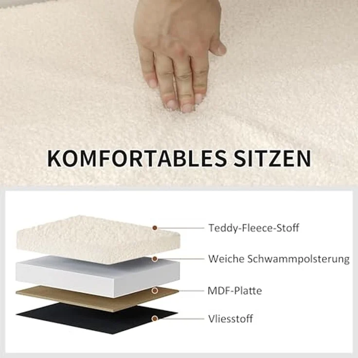 HOMCOM Sitzbank mit Stauraum, faltbar, mit Samtoptik, Sitztruhe (Truhenbank, 1-St, Polsterbank), für Flur Schlafzimmer Wohnzimmer, 76 x 38 x 38 cm Cremeweiß – Bild 6