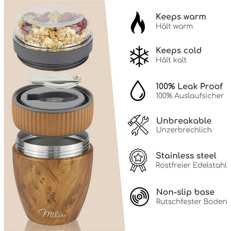 Milu Müslibox Müslibecher To Go Edelstahl 400 ml, isoliert, auslaufsicher, Müslimax Set – Bild 3