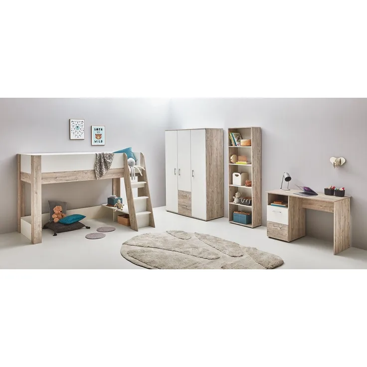 OTTO home Jugendzimmer-Set Set »Riekke«, viel Stauraum, (Spar-Set, 4-tlg, Kleiderschrank 3 türig, Hochbett, Standregal, Schreibtisch), Hochbett, Etagenbett, Ablagefach unter dem Bett, Blauer Engel