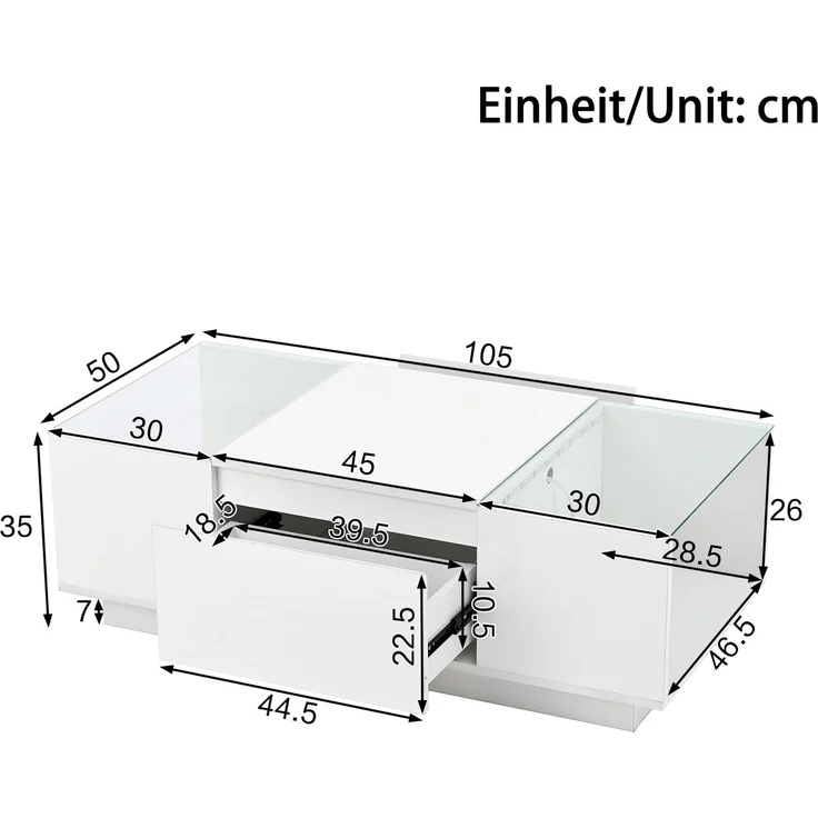 LED-Couchtisch 105×50×35 cm Weiß Hochglanz Tisch mit Glasplatten, LED-Beleuchtung steuerbar via Bluetooth und App – Bild 8