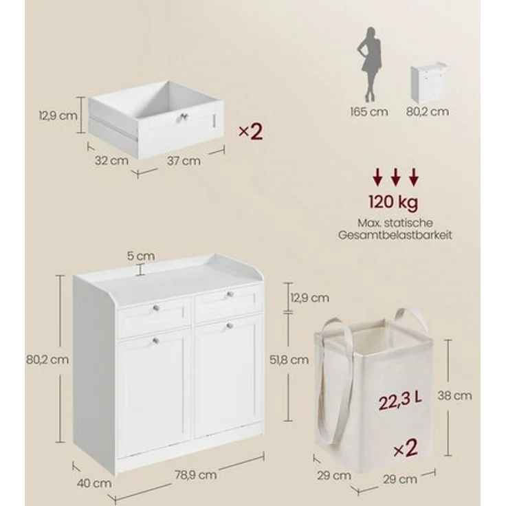 Vasagle Badschrank mit Wäschekörbe, Holzwerkstoff weiß, 40 x 78,9 x 80,2 cm – Bild 5
