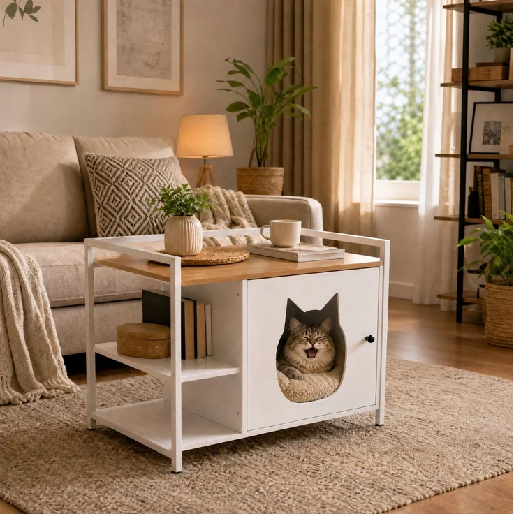 Katzentoilettenschrank mit Katzenhaus und 2 offenen Regalen, 76x54x59 cm, Weiß und helle Eiche – Bild 3