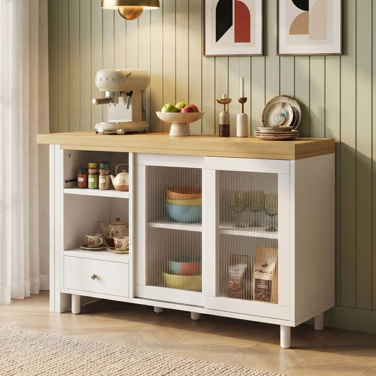 U-life Ausziehbarer, Moderner beweglicher Esstisch, Glastürpaneel, 360 drehbar, Produktfunktion, MDF, Weiß – Bild 6