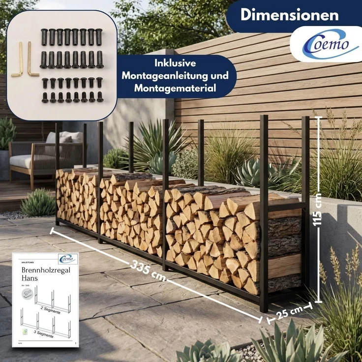 Coemo Brennholz Regal Hans Kaminholzregal mit Abdeckplane Metall 3 Segmente 25 x 335 x 115 cm – Bild 6
