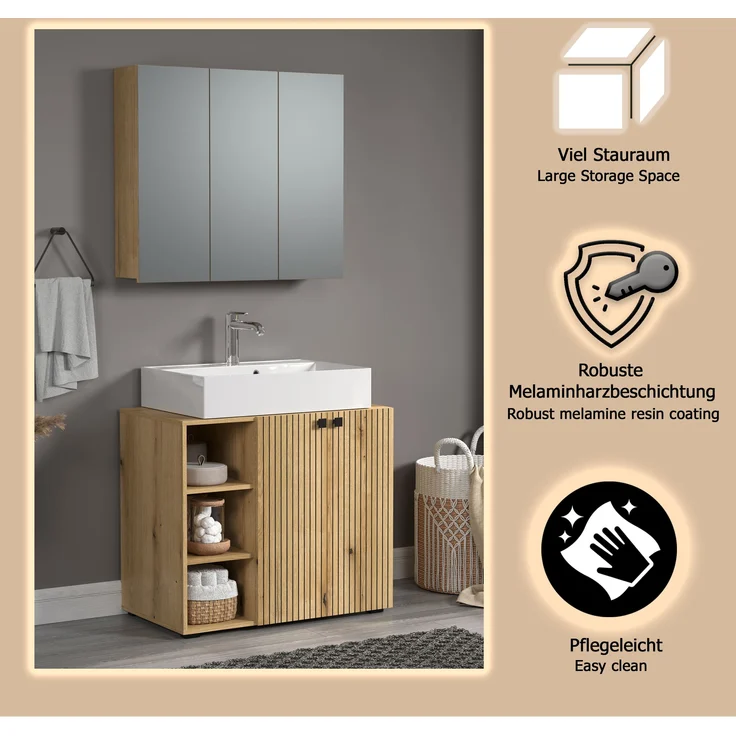 trendteam smart living - PureBliss - Badmöbel-Set Waschbeckenunterschrank + Spiegelschrank - Evoke Eiche - Rillenoptik - (BxHxT) 90 x 186 x 53 cm - Badezimmermöbel mit edlen Metallgriffen – Bild 5
