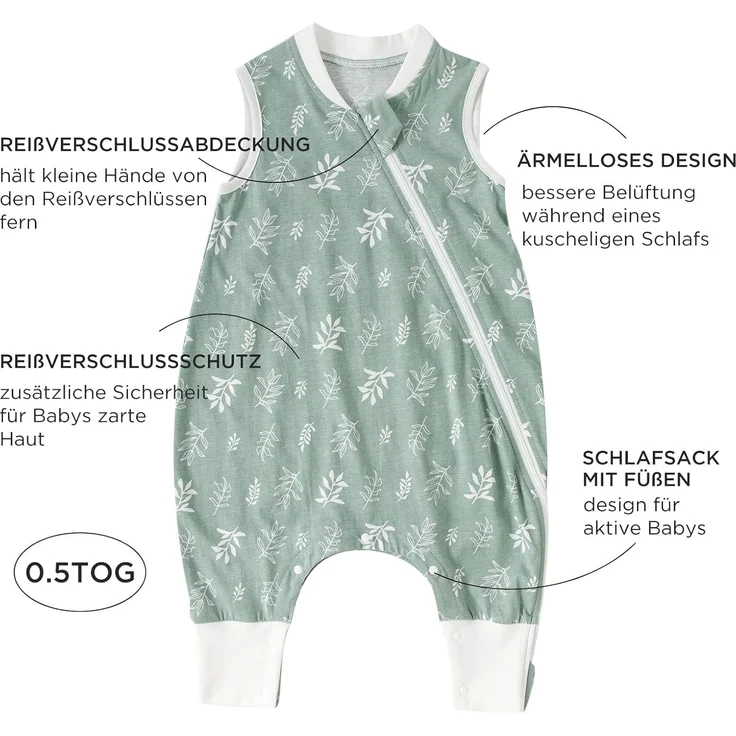 Duomiaomiao Baby Schlafsack, 1x Ganzjahresschlafsack, 0.5tog Grünes Blatt Panda, 85cm / Baby Körpergröße 90-100cm, Baumwolle – Bild 4