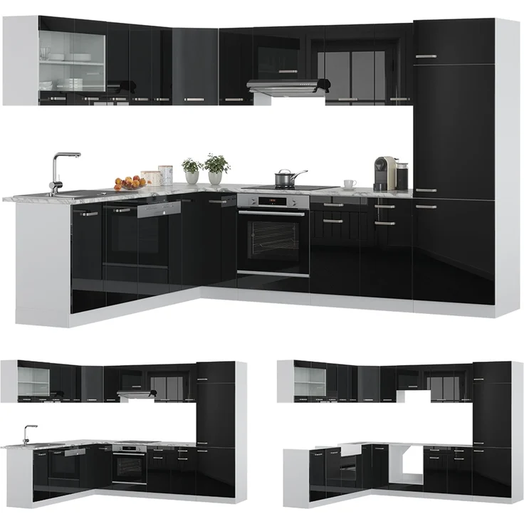 Eckküche R-Line Schwarz Hochglanz/Weiß 287 x 227 cm, AP Marmor Vicco – Bild 6