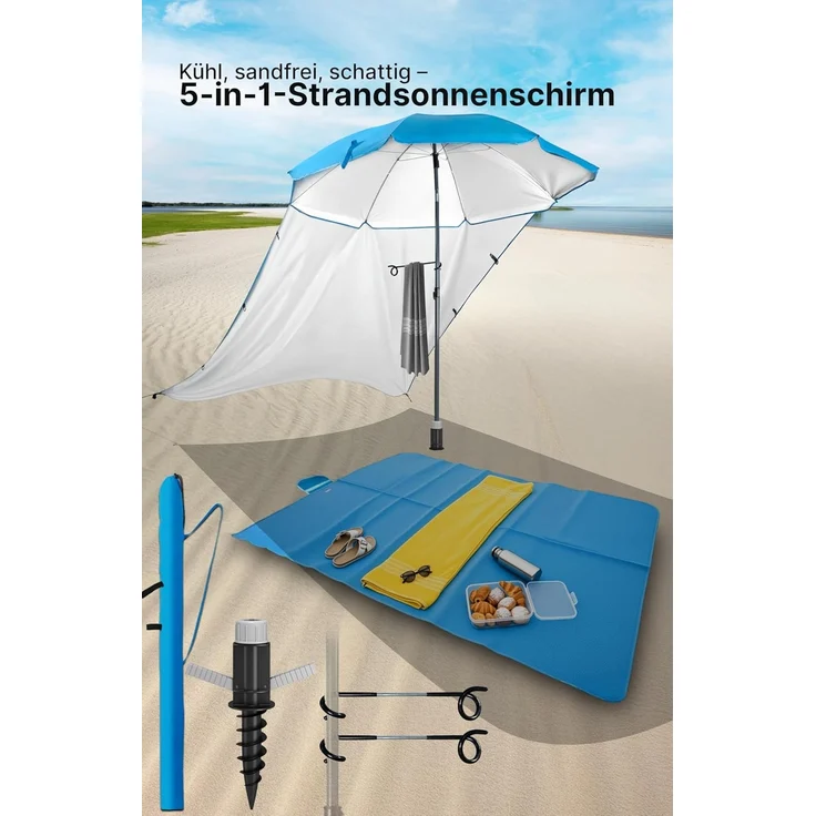 4smile Sonnenschirm 5er-Set Blau, Vielseitiger Sonnenschirm Strand,Ø 180 cm, windfester Strandschirm, Schirmständer Erdspieß, Sonnensegel Strand, Faltbare Stranddecke, Sonnenschirm Schutzhülle – Bild 2