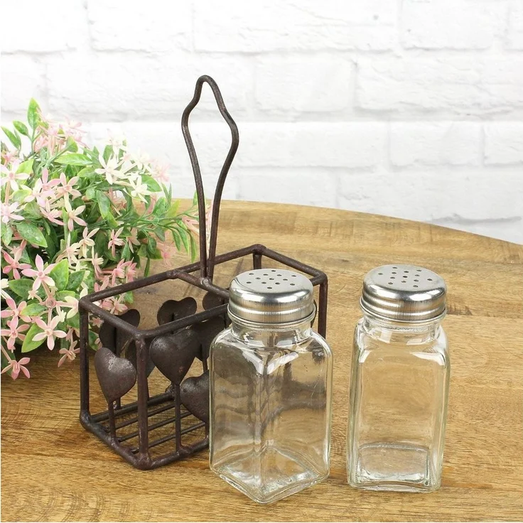 Macosa Home Salzstreuer & Pfefferstreuer Metall Herz Vintage-Stil Antik Braun Gusseisen, (Salz und Pfefferstreuer im Korb), Shabby Küchen Deko Pfeffstreuer Salzstreuer Gewürzstreuer – Bild 3