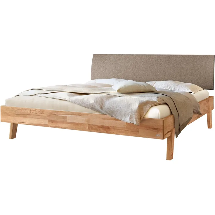 Hasena Massivholzbett Lorenzo Kernbuche mit Polster-Kopfteil, Bezug Pace Sand 200x210 cm, Fußhöhe 20 cm – Trento
