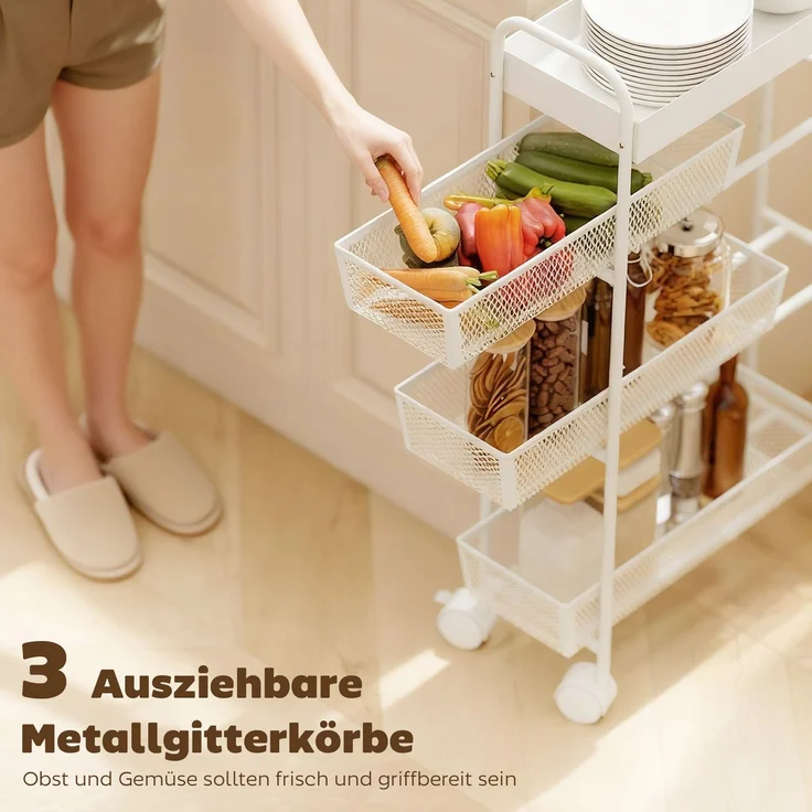 MELAYR, Küchenwagen aus Metall, 3 Körbe, schmales Design, 4 Räder, für Küche, Wohnzimmer, 43.2 x 19 x 80 cm, Weiß – Bild 6